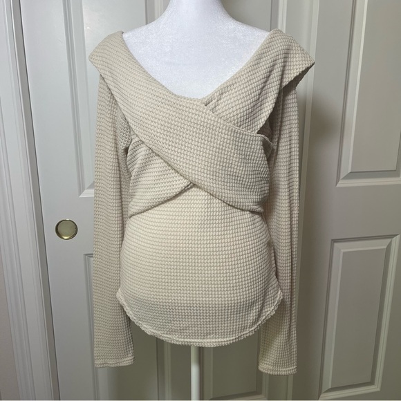 Free People Marley Top Off Shoulder Waffle Knit Oatmeal Cream Large - Picture 2 of 16